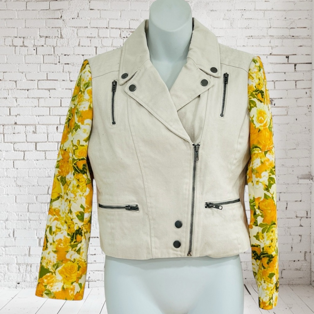 Floral Sleeve Mural Asymmetric Jean Jacket in Cream and Yellow in Women’s Small